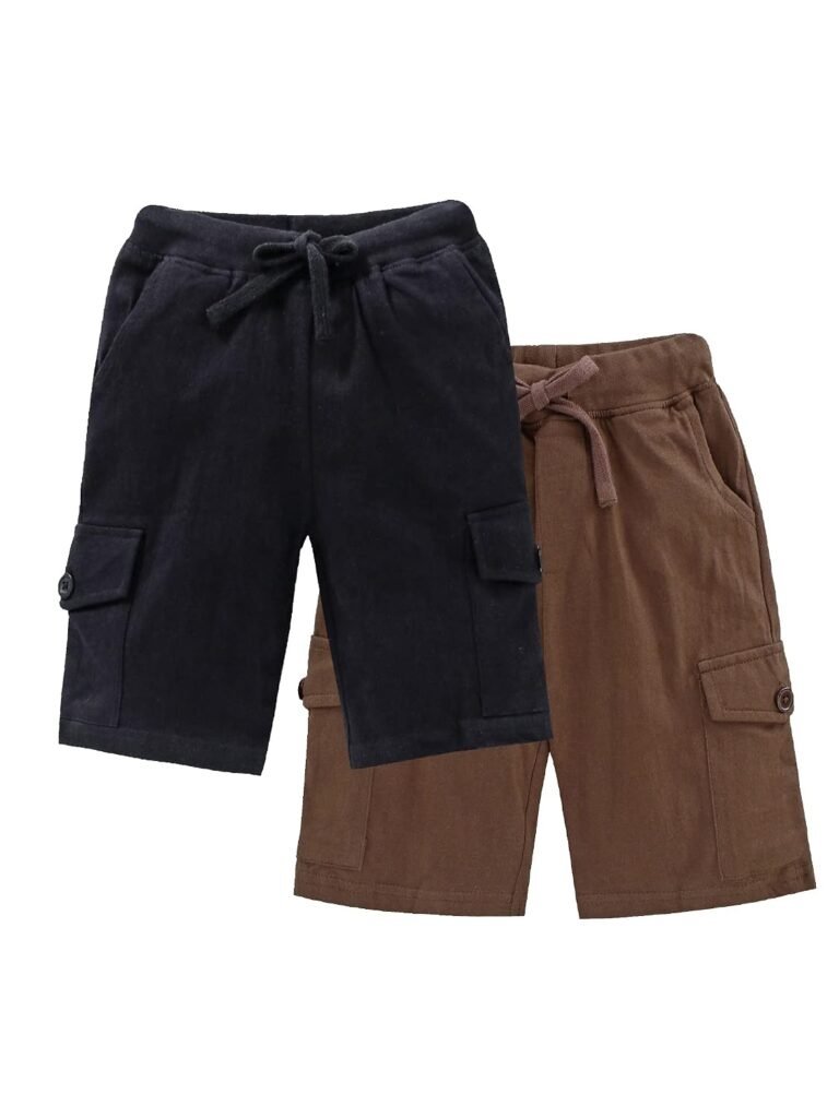 KiddoPanti Boys Knit Solid Cargo Shorts Pack of 2 | 100% Cotton | Comfortable Rib Waistband | 2 Front Pockets & 2 Cargo Pockets | Sport Bermuda Half Pant for Boys