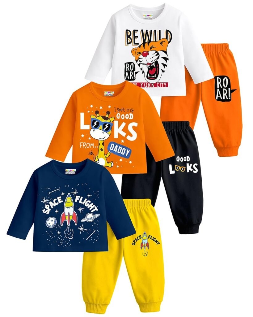 Kuchipoo Boys Regular Fit Cotton T-Shirts and Pyjamas Clothing Set-Pack of 3