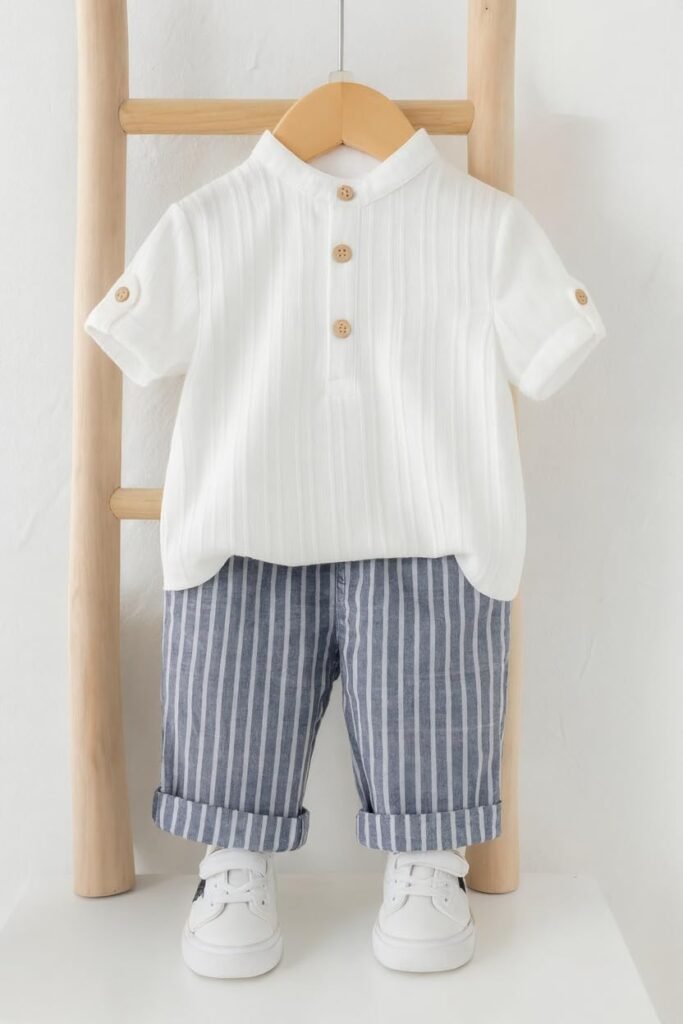 Baby Boy Outfit Set Mandarin Collar Shirt & Striped Pants Comfortable Summer Dress