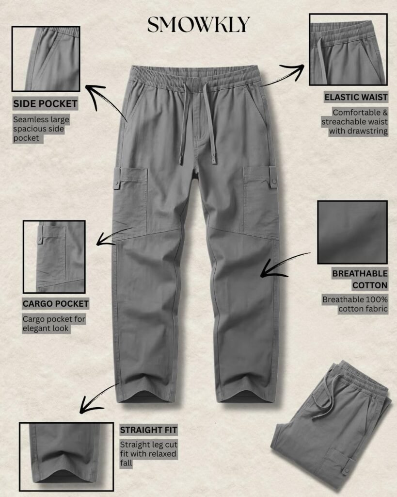 Cargo for Men | Cotton Cargo Pant | Lower for man | Elastic Drawstring Waist Straight Fit Bottoms | Comfortable Breathable Cargos for Casual, Office Wear
