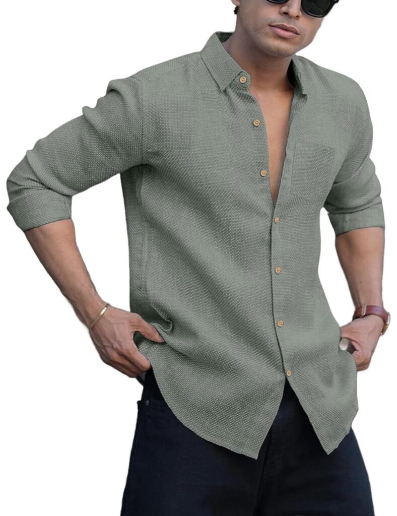 NexaFlair Men’s Shirt Regular Fit Solid Pattern Linen Cotton with Long Sleeve Collared Neck Standard Length and Button Down Closure Type | Mens Casual Shirts | Man’s Formal Shirts