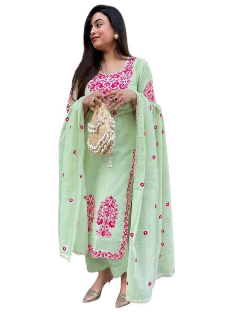 GoSriKi Viscose Kurta for Women | Kurta with Pant & Dupatta | Straight Embroidered Suit | Indian Ethnic Outfit Office Party Wedding Clothing Fashion Premium Traditional Style Look 3 Piece