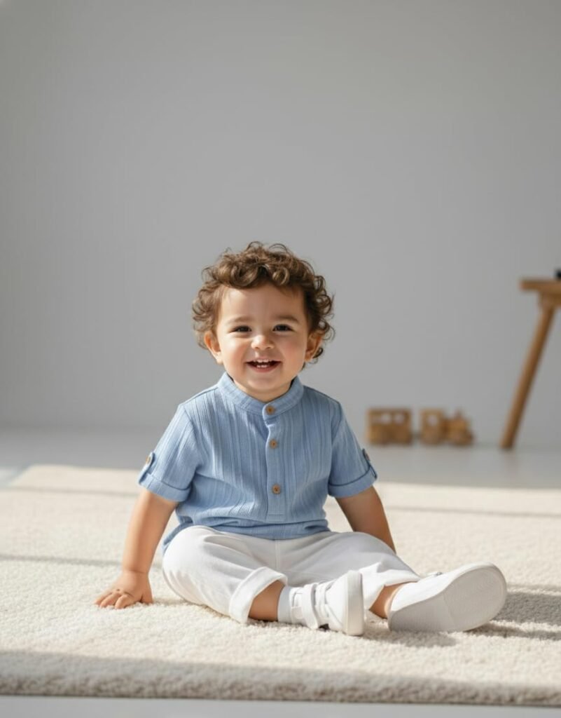 Baby Boy 2-Piece Outfit Set – Short Sleeve Button Henley Shirt & White Pants, Casual Summer Toddler Clothing Set