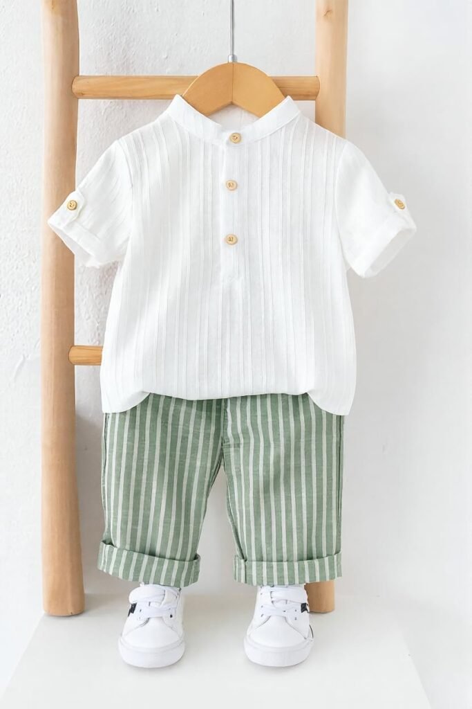 Baby Boy Outfit Set Mandarin Collar Shirt & Striped Pants Comfortable Summer Dress
