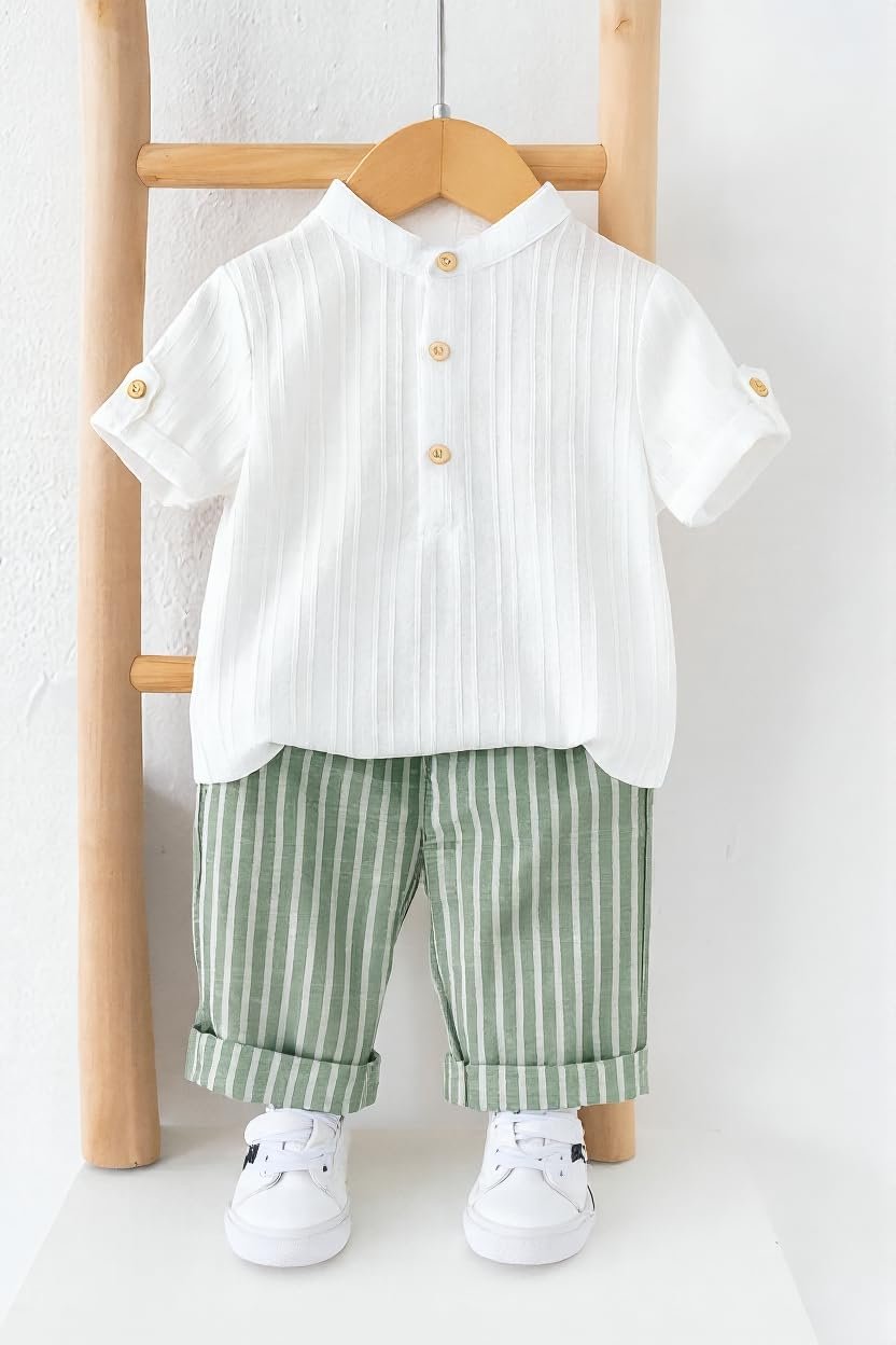 Baby Boy Outfit Set Mandarin Collar Shirt & Striped Pants Comfortable Summer Dress