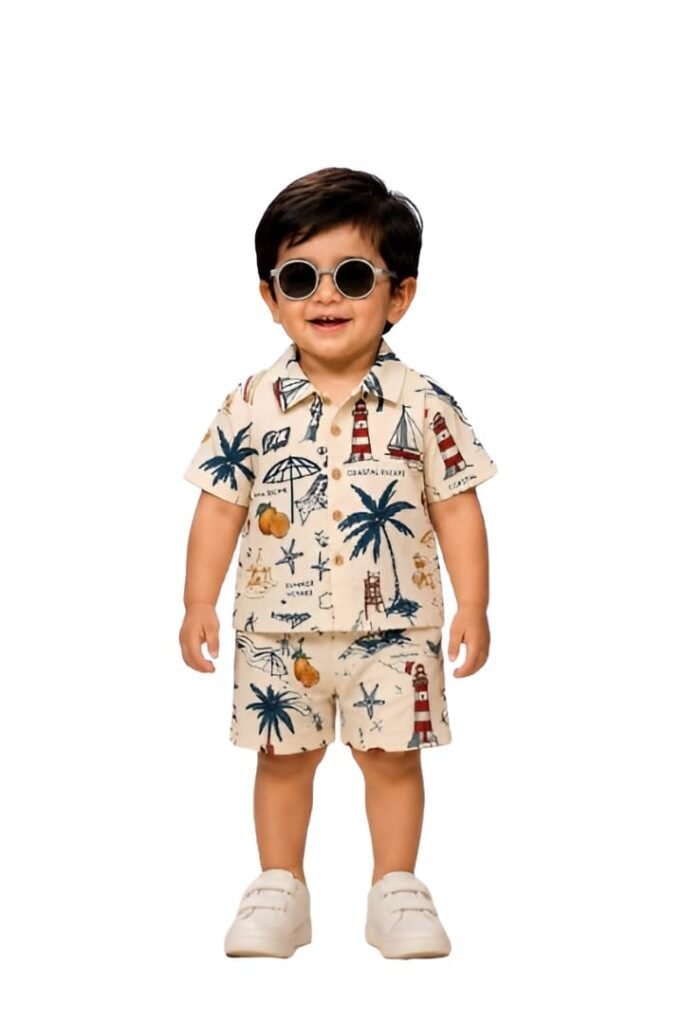 Baby Boys Co-Ord Set, Half Sleeve Shirt and Shorts Matching Outfit, Coastal Digital Print Cotton Blend Clothing Set, Casual Summer Wear for Kids, Beach Theme Printed Shirt & Shorts
