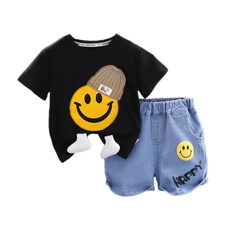 Bold N Elegant Unisex Kid Cotton Solid Playful Happy Face Print Half Sleeve T-Shirt & Denim Shorts Summer Clothing Set