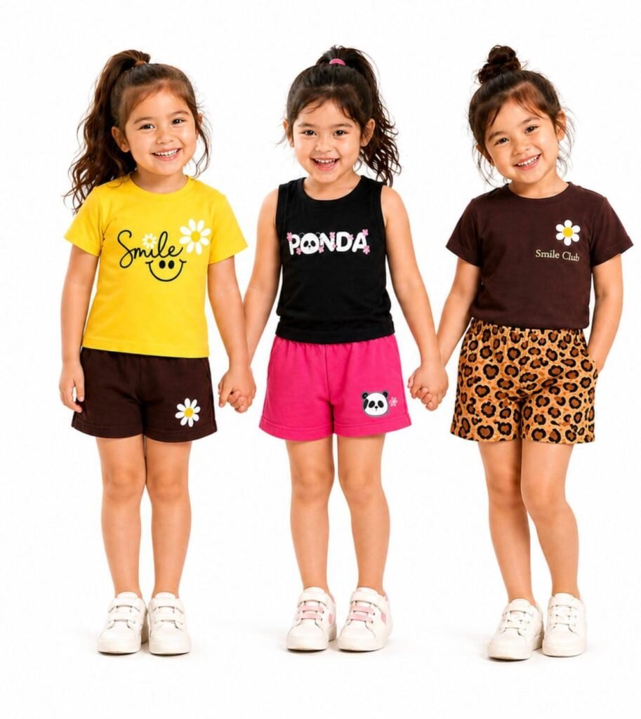 Combo Pack of 3 Girls Cotton Casual Printed T-Shirt and Shorts Set | Regular Fit Round Neck Shorts Set
