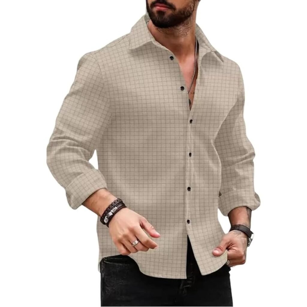 DEELMO Polyester Men’s Regular Fit Button Down Dress Shirts Textured Long Sleeve Casual Hawaiian Shirt