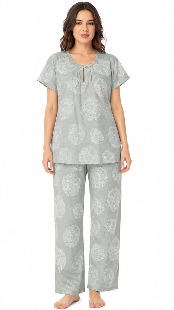 Evolove & Venus Pure Dobby Fabric Pajama Set for Women | Printed Night Suit with Collared Button-Down Top & Straight Pajama Bottoms | Soft Comfortable Sleepwear & Loungewear Set