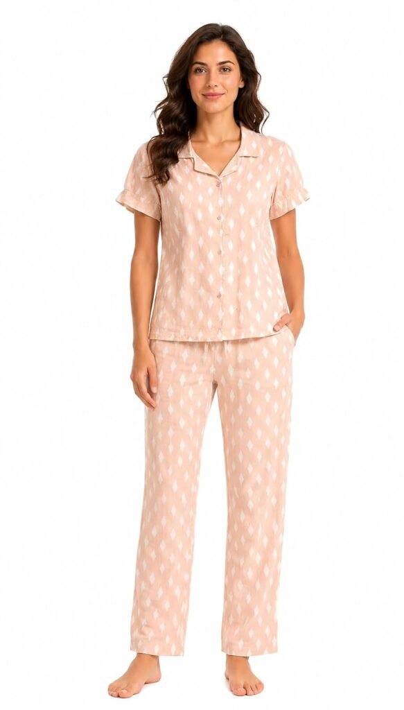 Evolove & Venus Pure Double Cloth Pajama Set for Women | Printed Night Suit with Collared Button-Down Top & Straight Pajama Bottoms | Soft Comfortable Sleepwear & Loungewear Set