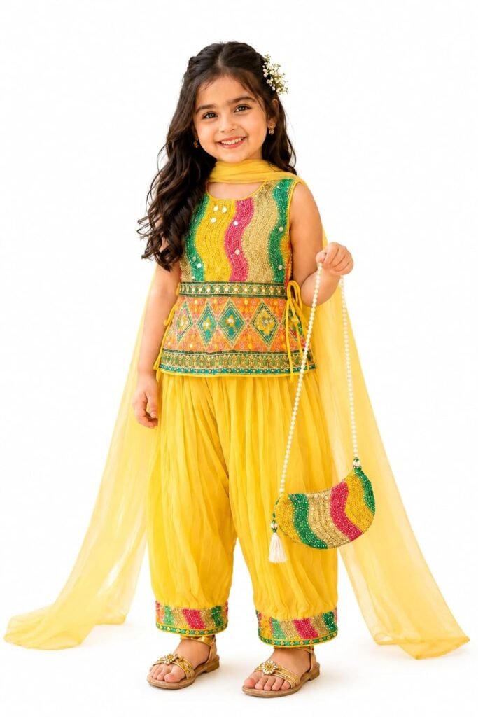Girls Clothing Set Yellow Embroidered Salwar Suit with Dupatta