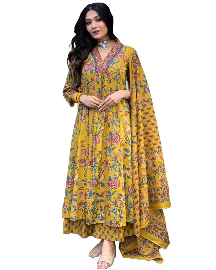 GoSriKi Women’s Rayon Viscose Anarkali Printed Kurta with Palazzo & Dupatta