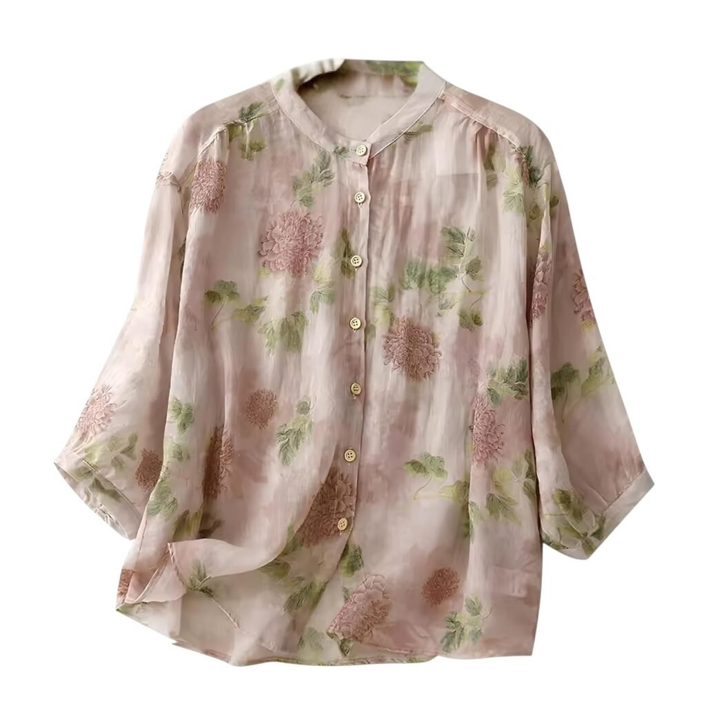 Gufrina Women’s Light Rose Floral Printed Button Down Shirt with Mandarin Collar and Relaxed Fit 3/4 Sleeves