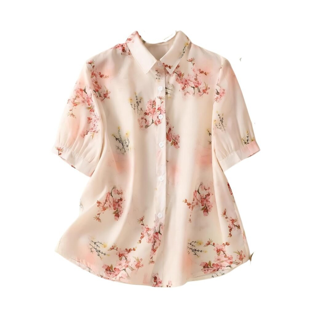 Gufrina Women’s Polyester Floral Printed Western Shirt with Button Down Front, Short Puff Sleeves and Relaxed Fit Silhouette