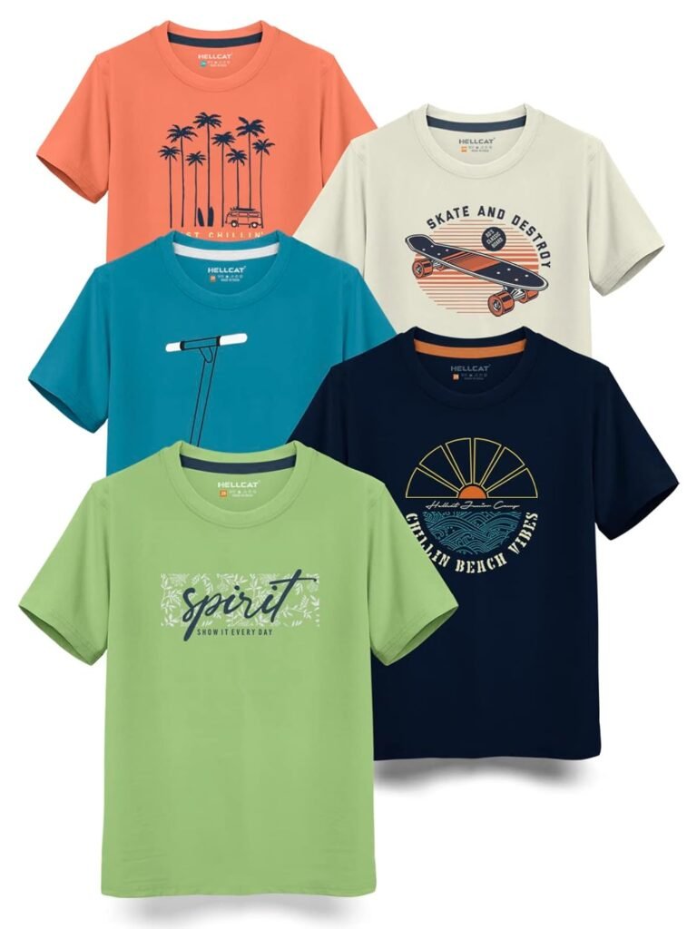 HELLCAT Boys Round Neck Printed Blended Cotton Tshirt -Combo Pack of 2 – Orange/Blue