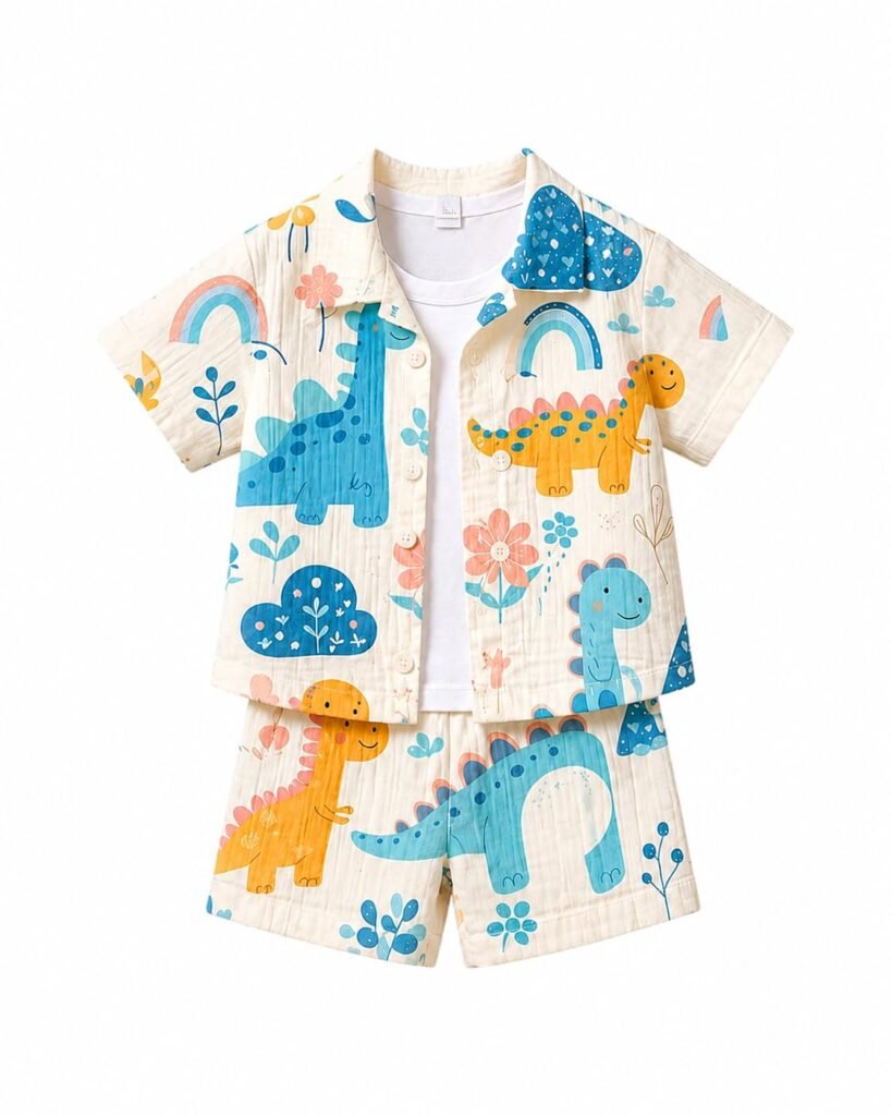 H&J Lifestyle Baby Boy Cotton Shirt & Shorts Set | Cute Pastel Dinosaur Rainbow Floral Theme Printed Half Sleeve Casual Summer Outfit for Kids | Boys Clothing Set (1-5 Years, Cream)