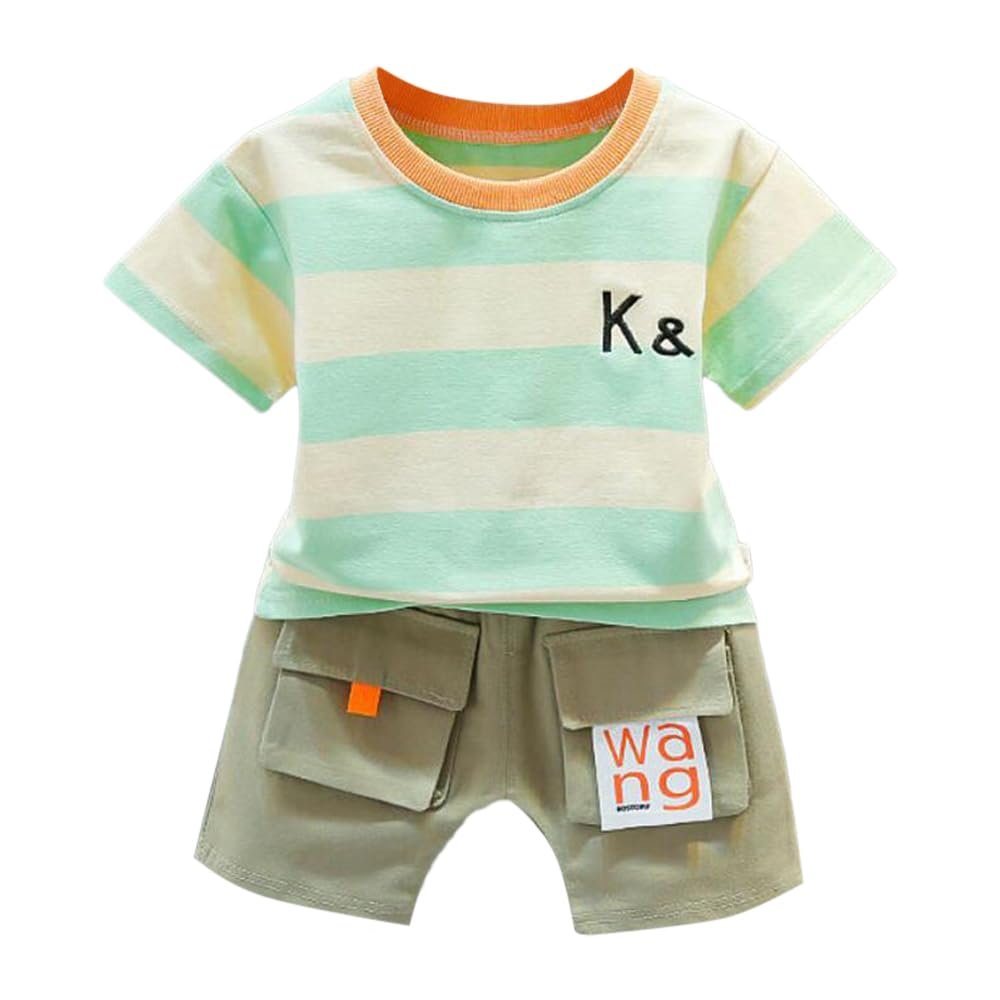 Hopscotch Boys Cotton And Polyester Stripe Print T-shirt And Shorts Set in Green Color