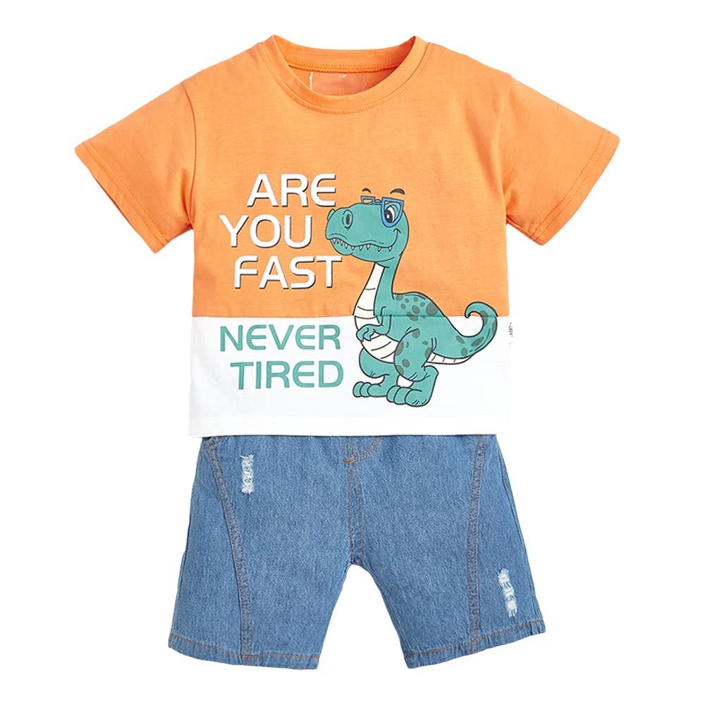 Hopscotch Boys Cotton Animal Print T-shirt And Short Set in Orange Color