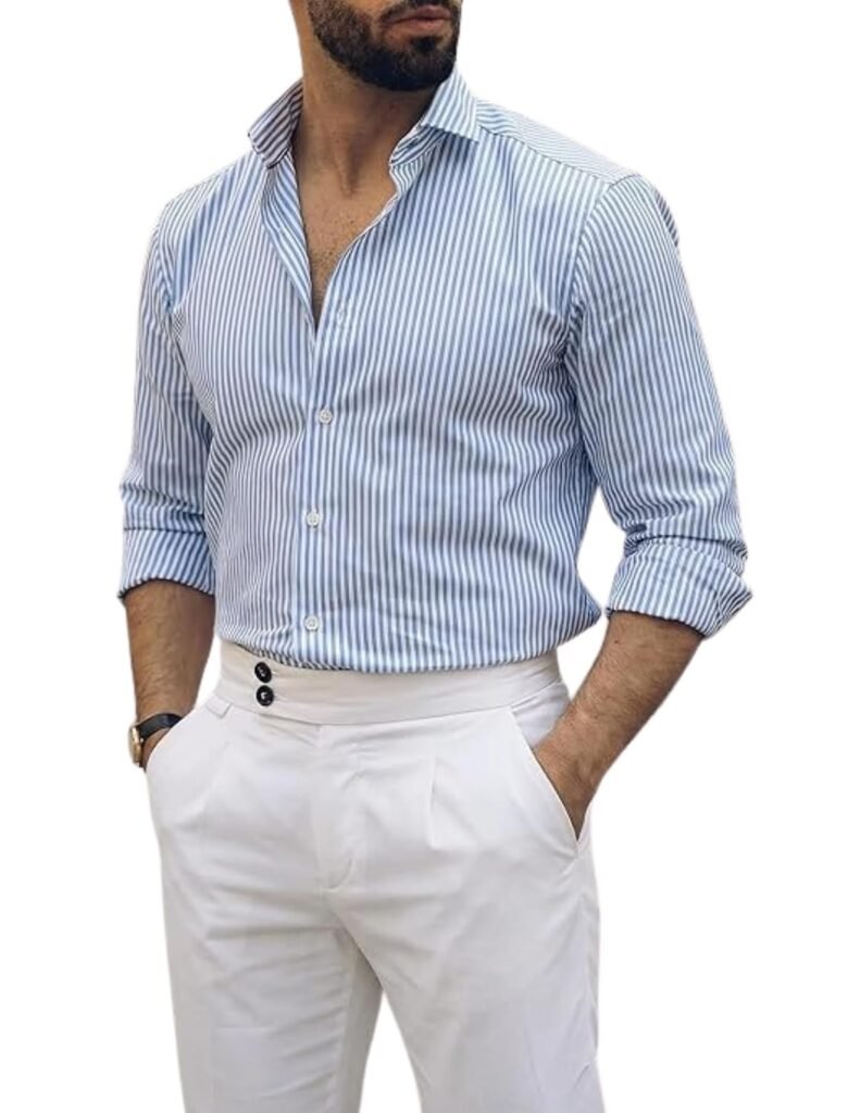 IndoPrimo Men’s Striped Shirt | Premium Slim Fit Full Sleeve Formal Casual Shirt | Button-Down Cotton Shirt for Office