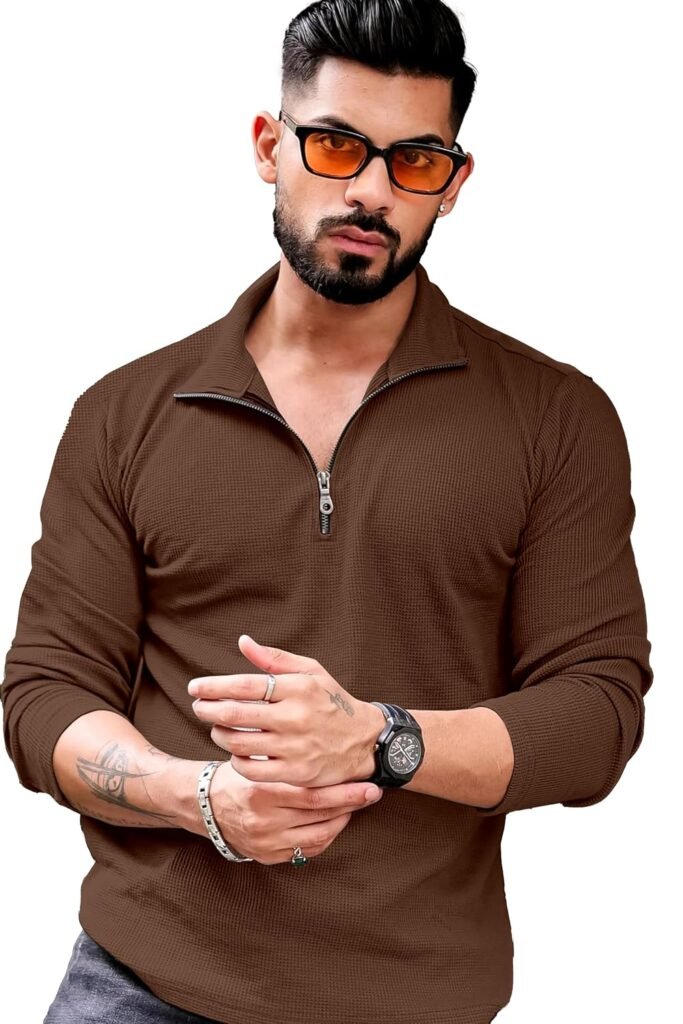 KAJARU Men’s Polyester Blend T Shirt with Spread Collar Neck Line Zipper Closure Full Sleeves Solid Pattern Regular Fit and Standard Length