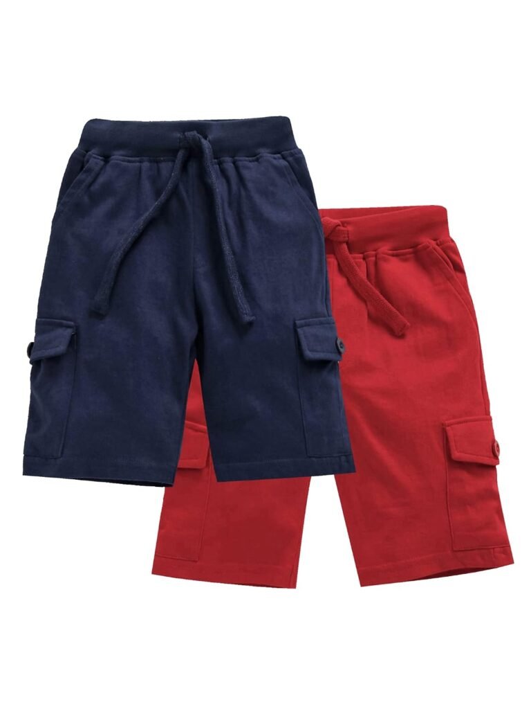 KiddoPanti Boys Knit Solid Cargo Shorts Pack of 2 | 100% Cotton | Comfortable Rib Waistband | 2 Front Pockets & 2 Cargo Pockets | Sport Bermuda Half Pant for Boys