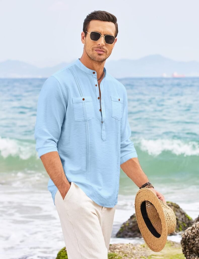 MACSIVO Men Cotton Blend Kurta Style Shirt with Mandarin Collar Button Placket Regular Fit Long Sleeve Ethnic Casual Wear for Office Festival Daily Use