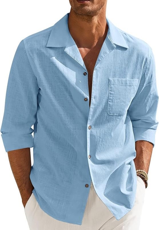 Men’s Casual Cotton Blend Shirt || Long Sleeve Button Down with Spread Collar || Lightweight Breathable Fabric || Stylish Solid Color Shirt for Beach, Office & Everyday Wear