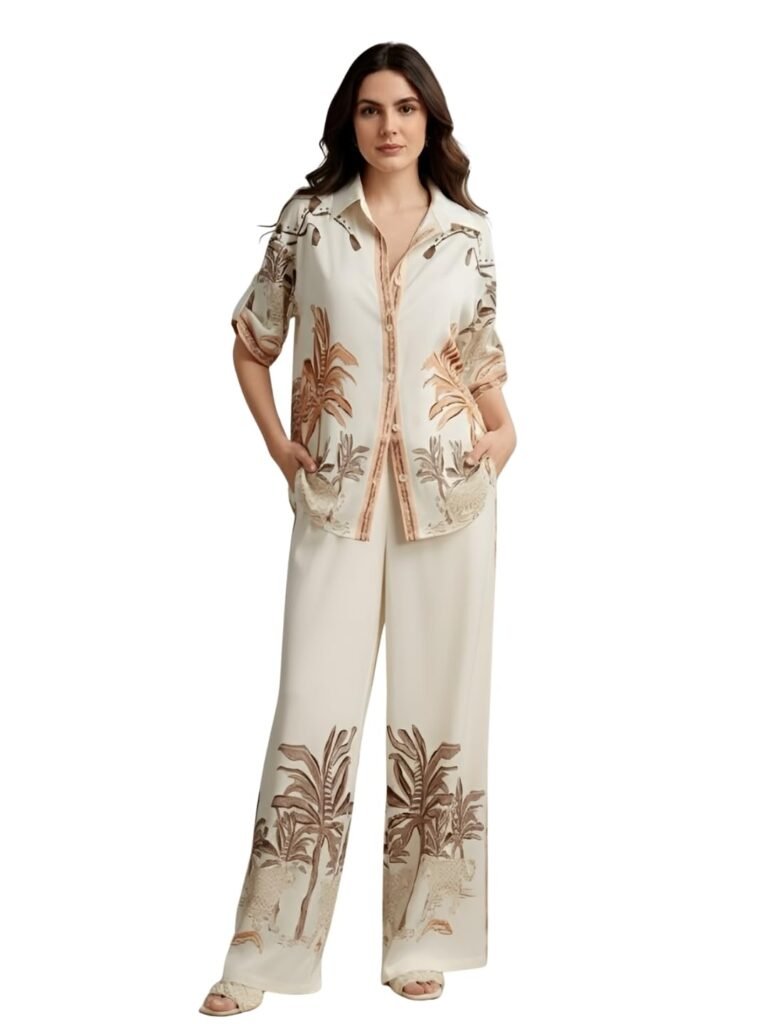 NAINVISH Women’s Rayon Co-Ord Set | Printed Shirt and Pant Set for Women | Casual Two Piece Lounge Outfit | Western Outfit