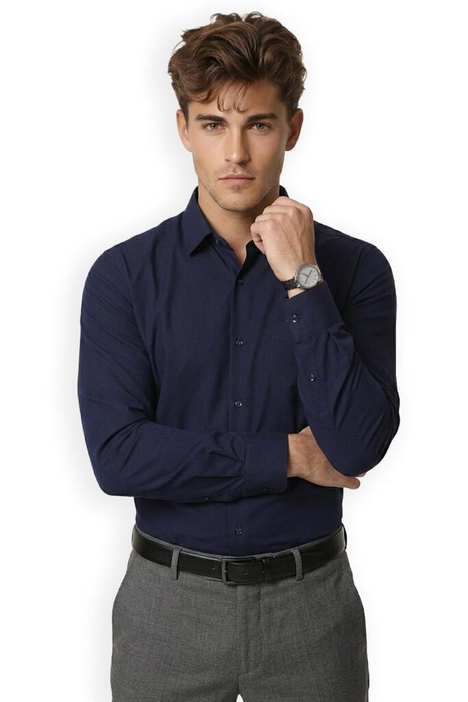 Peter England Men’s Premium Solid Herringbone Regular Fit Full Sleeve Formal Shirt | Wonder Fabric | Cotton Rich