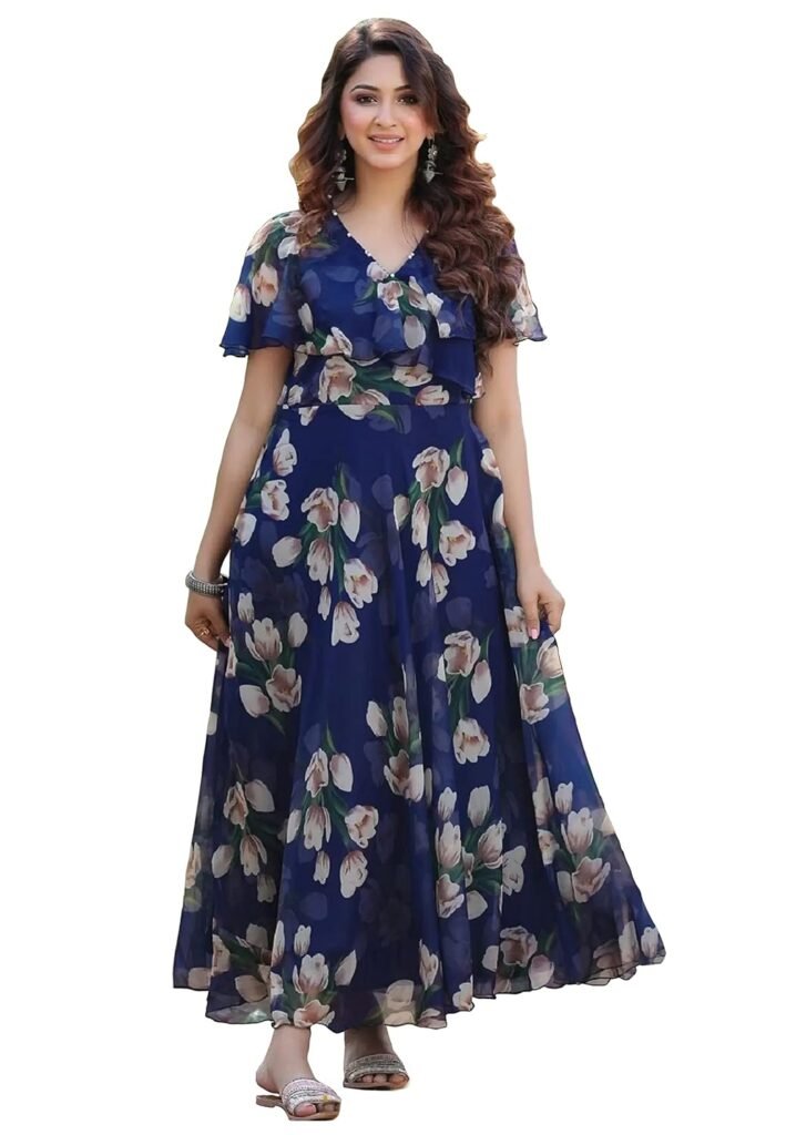Shasmi Women’s Dress | Flare Straight, Maxi Gown | Ankle Length | Short Sleeves | Butterfly Sleeves Style| Casual| Party | Wedding | Festival | Formal (Maxi Gown)