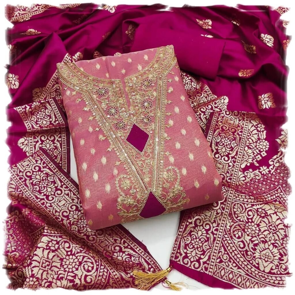 Sidhidata Women’s Shimmer Zari Butty With Multi Sequence Embroidered Unstitched Dress Material With Banarasi Silk Dupatta (DM Shimmer_Free Size)