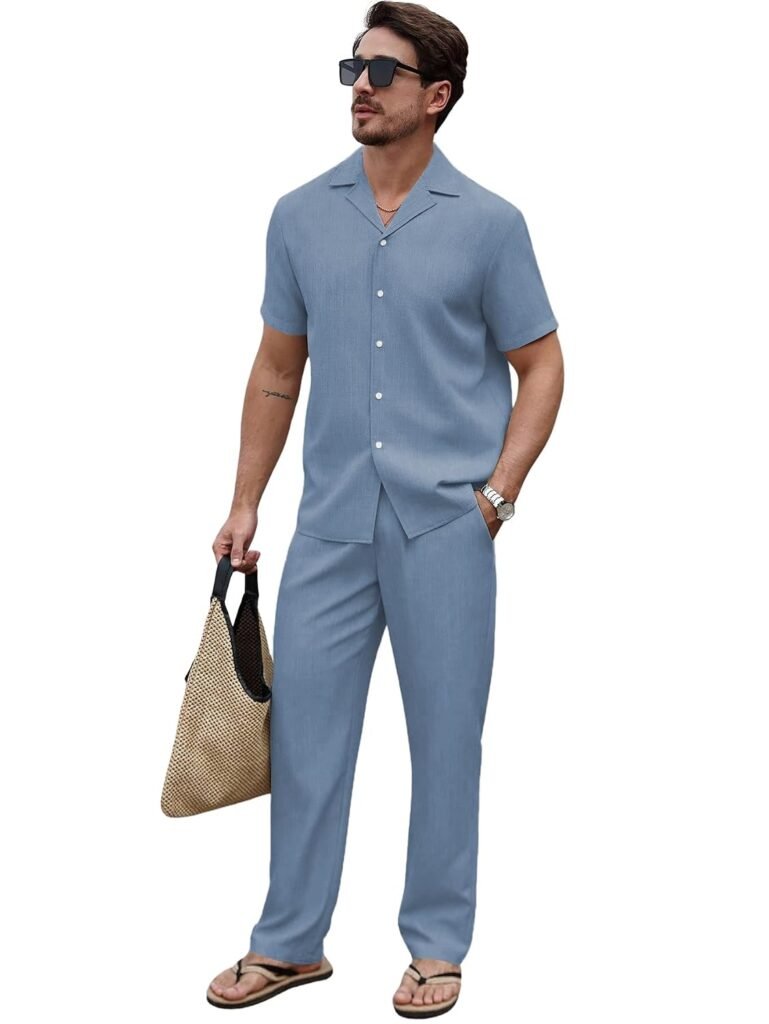 TAGDO® Men’s Co-Ord Set with Short Sleeve Cuban Collar Shirt and Straight Fit Trousers | Pyjamas Set for Men | Casual Outfit for Men and Matching Pants Set (2058)