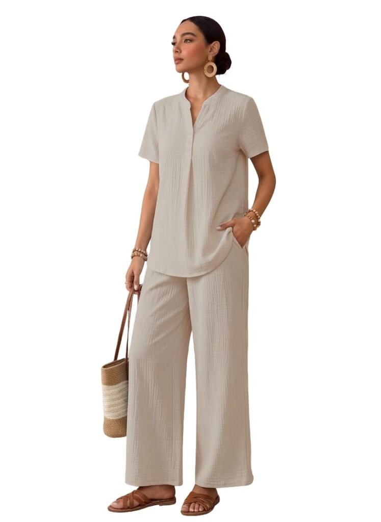 TOPLOT Women’s Co-ord Set | Stylish Matching Top & Bottom Set | Notch Neckline with Button Detail | Loose-Fit, Short-Sleeve Top with a Relaxed Silhouette |Ideal for Casual (5250)